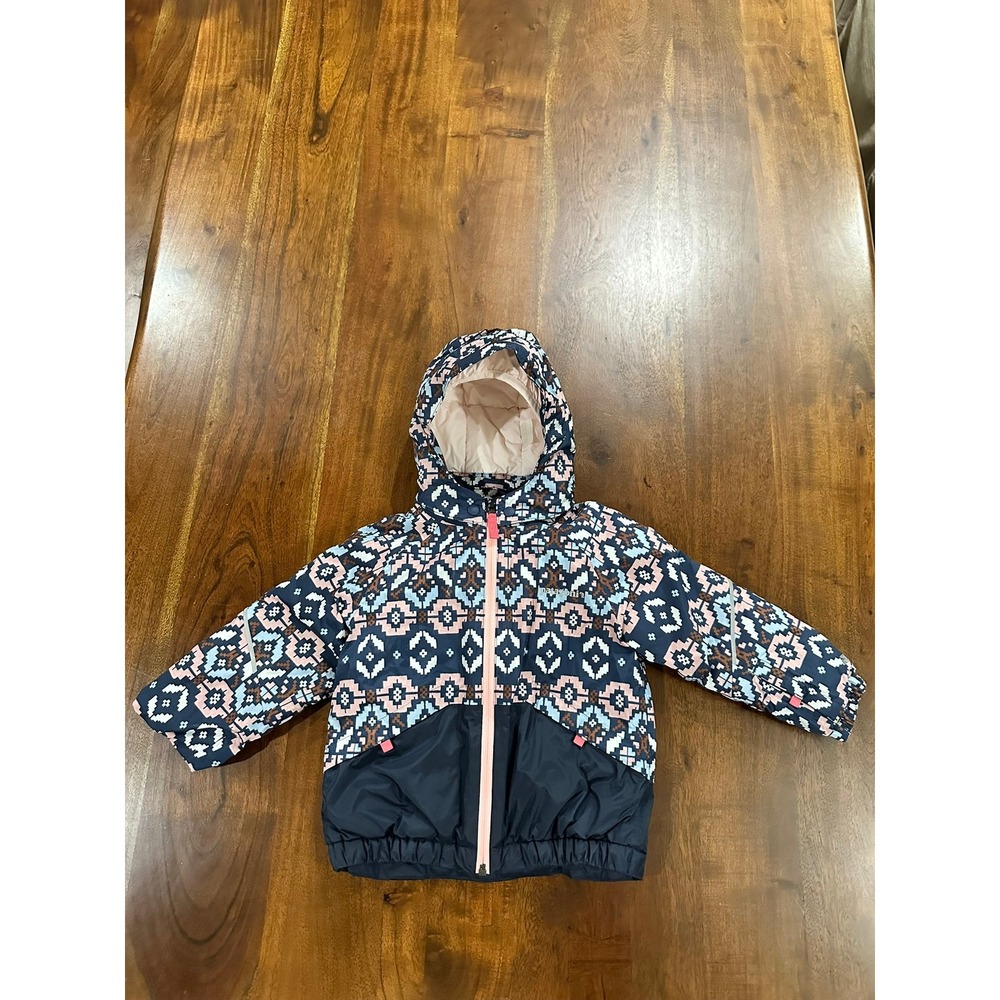 Patagonia Baby Hi-Loft Down Sweater Hoody Geometric Print Navy Pink Size 2T